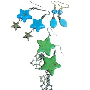 Star Dangle Earrings - Green and Blue